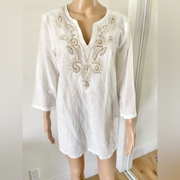 Saint Tropez West Tops - Saint Tropez 100% Linen Shirt Womens Size L Beach Resort Coastal Embroidered